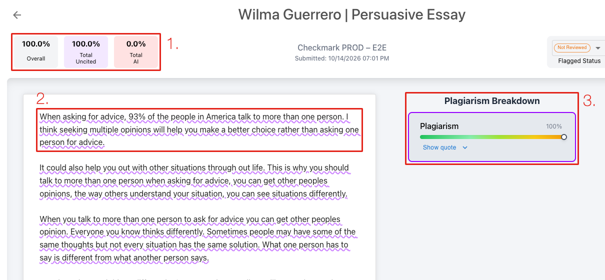 The Checkmark report with the score tiles marked 1, underlined matched text marked 2, and the Plagiarism Breakdown marked 3