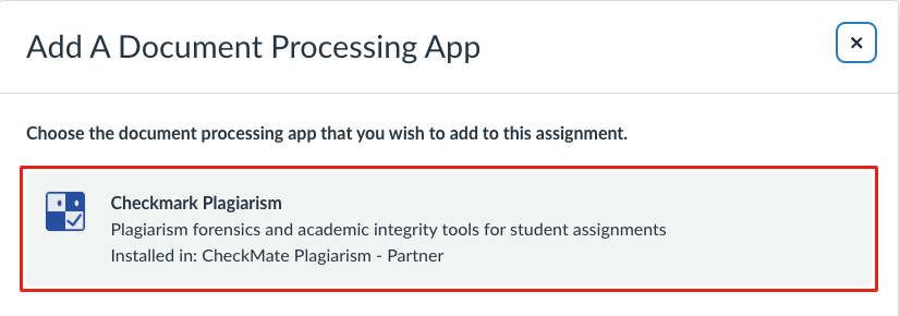 The Add A Document Processing App dialog with Checkmark Plagiarism outlined in red