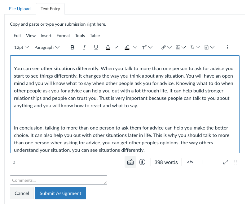 A student essay typed into the Canvas Text Entry box