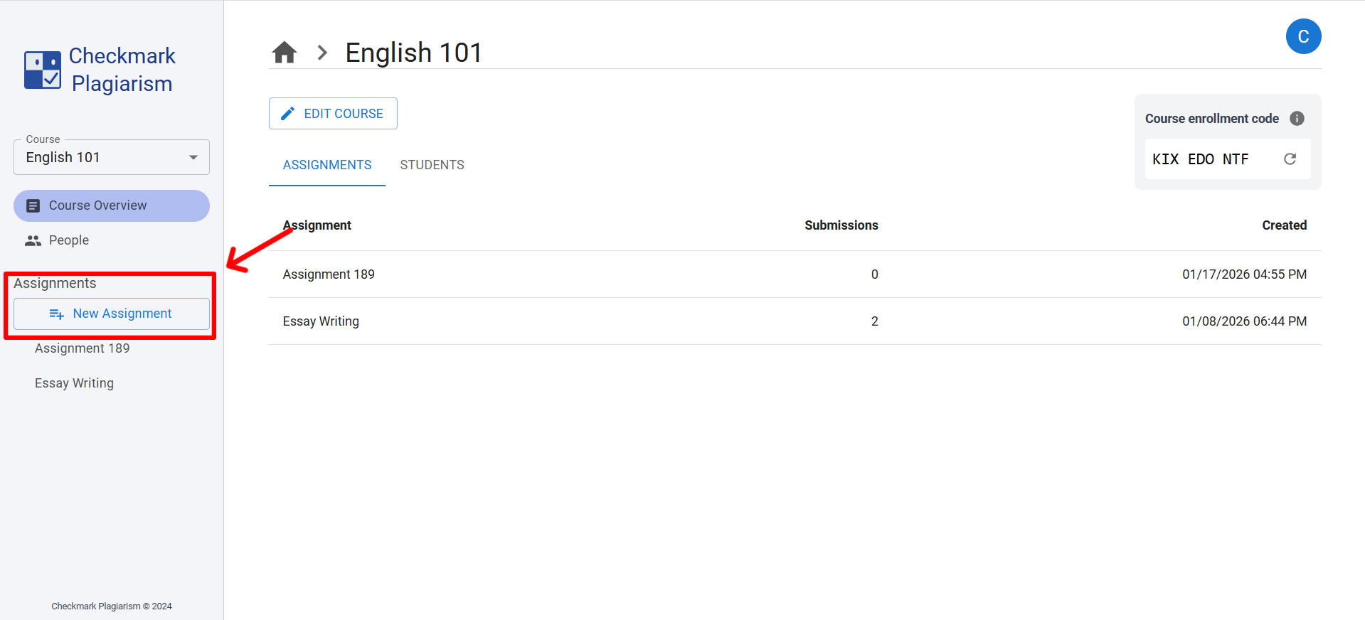 Creating a new assignment from the left navigation menu