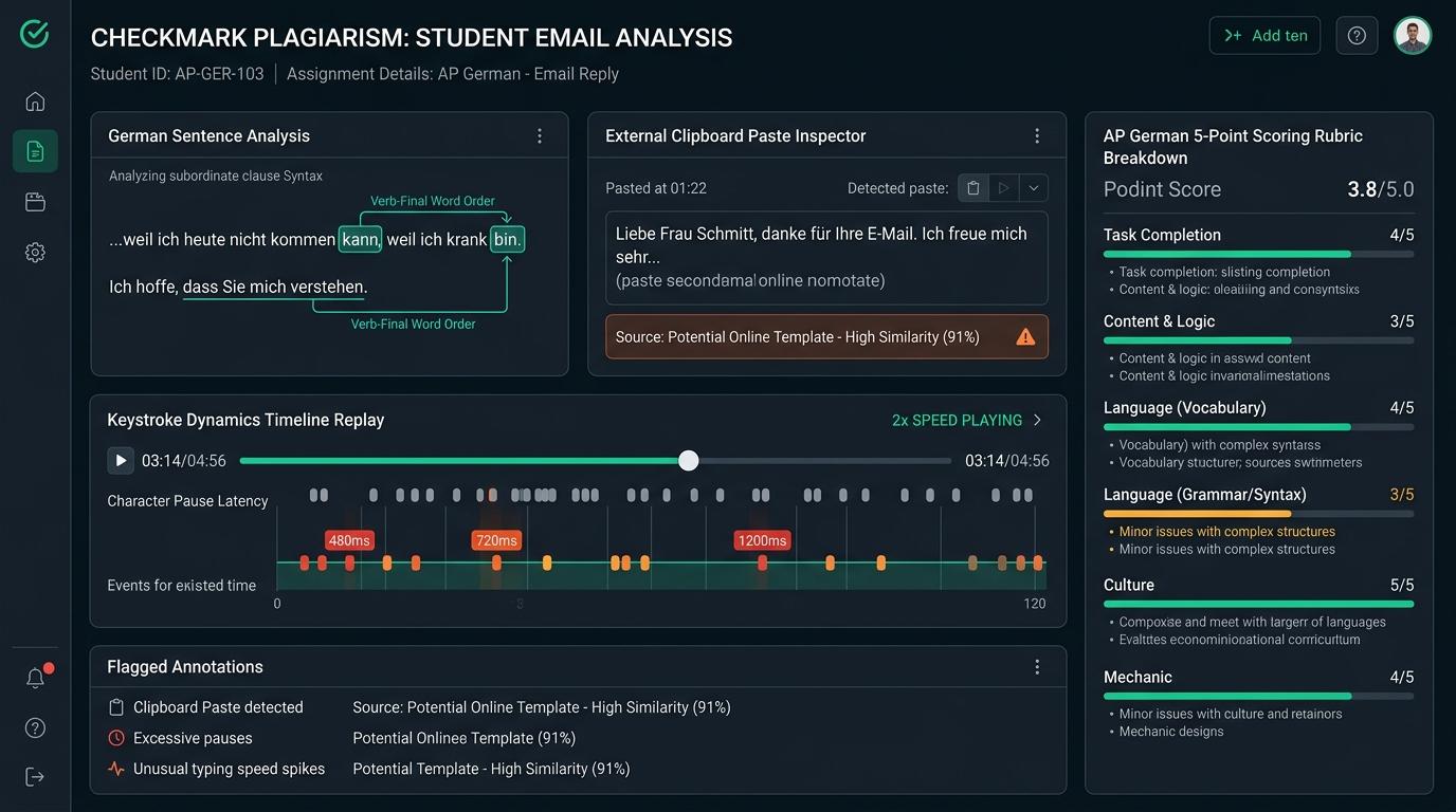Can Keystroke Replay Distinguish Authentic German Subordinate Clause Revisions from AI Translation in AP German Email Tasks? | Checkmark Plagiarism