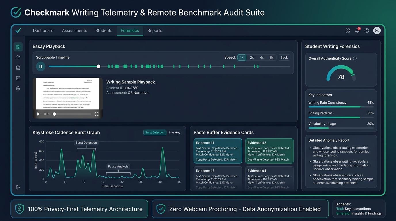 How Can District Assessment Coordinators Use Keystroke Telemetry to Audit Writing Authenticity on Remote Benchmark Exams? | Checkmark Plagiarism