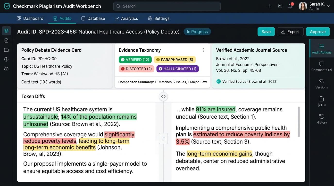 How Can High School Debate Coaches Use Side-by-Side Source Proof to Audit Evidence Cards for Accurate Context? | Checkmark Plagiarism