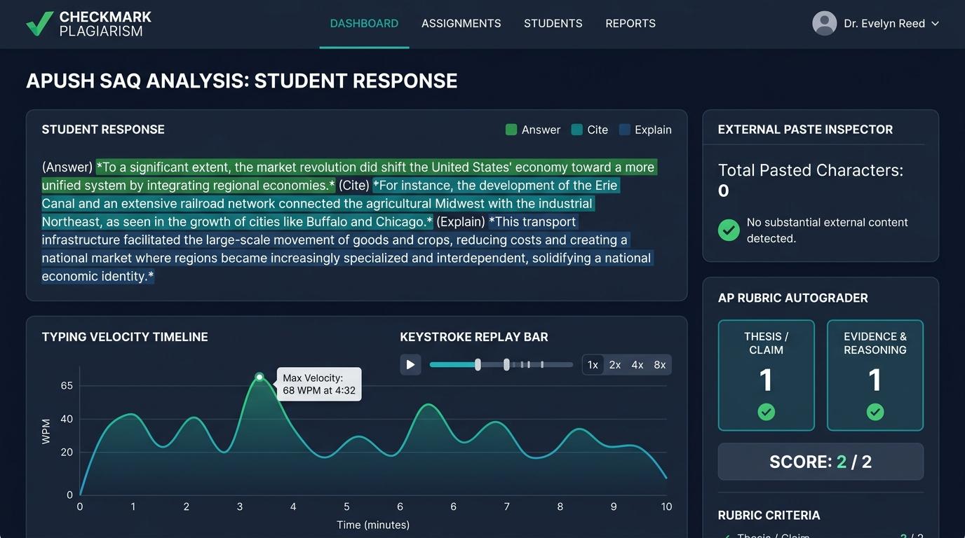 How High School AP US History Teachers Can Use Writing Process Telemetry to Audit Timed Short Answer Question (SAQ) Responses | Checkmark Plagiarism
