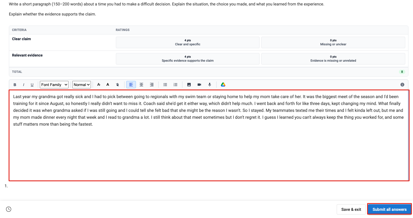 A Buzz question with the Checkmark writing box outlined and the Submit all answers button outlined