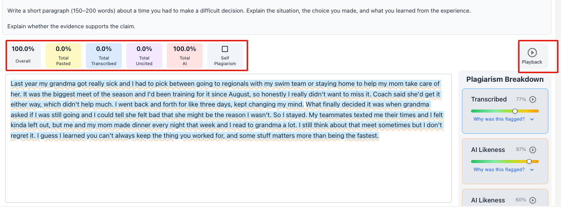 The Checkmark report inside the Buzz question with the score tiles and the Playback button outlined