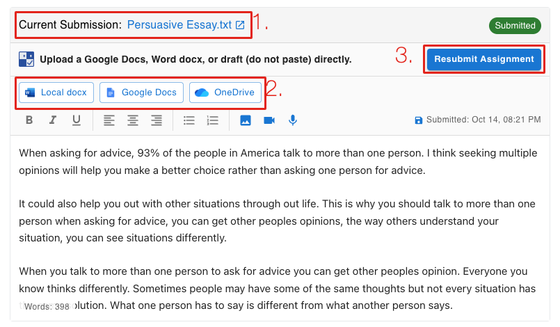 The Checkmark box with the current submission marked 1, the Local docx, Google Docs and OneDrive buttons marked 2, and Resubmit Assignment marked 3
