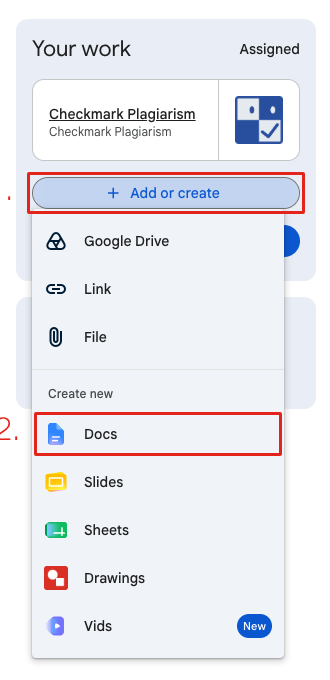 The Add or create menu with Docs marked