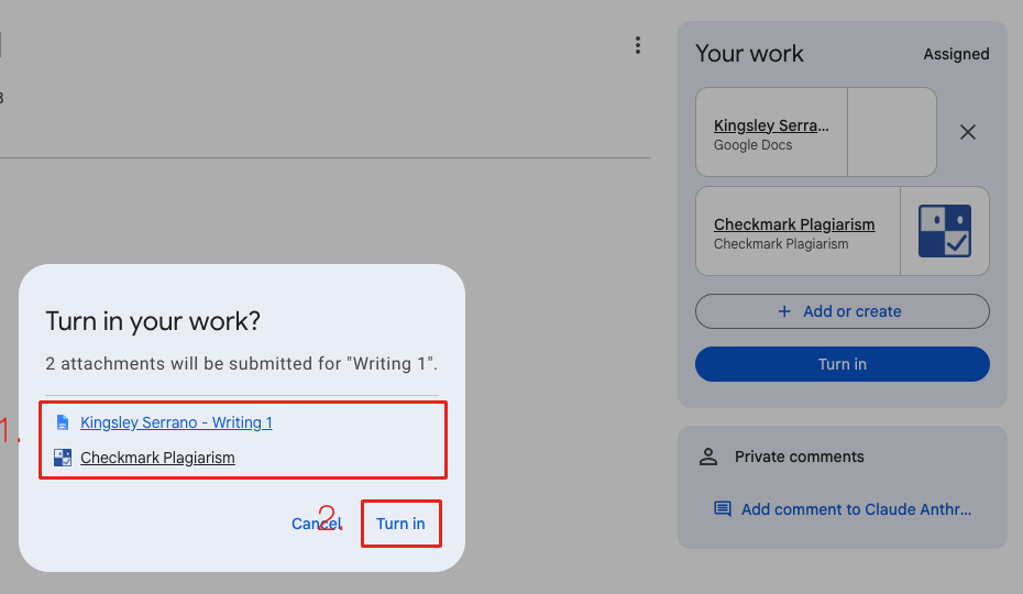 The Turn in your work dialog listing the Google Doc and Checkmark Plagiarism