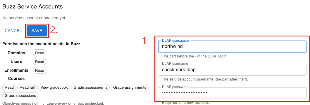 Checkmark's Add an account form with the userspace, username and password marked 1 and Save marked 2