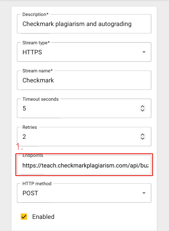 Buzz's Add stream form filled in, with the Endpoints field marked 1