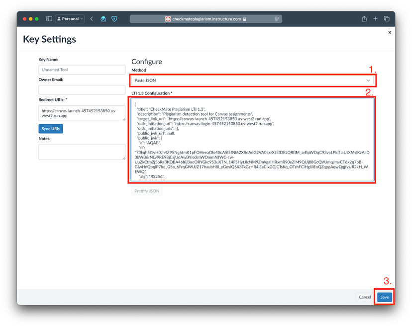 Pasting LTI 1.3 JSON configuration in Canvas