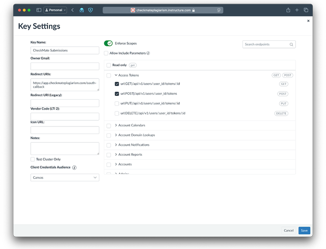 Configuring API scopes and permissions in Canvas