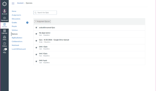 Student Quizzes Index: Locate active quiz under Assignment Quizzes