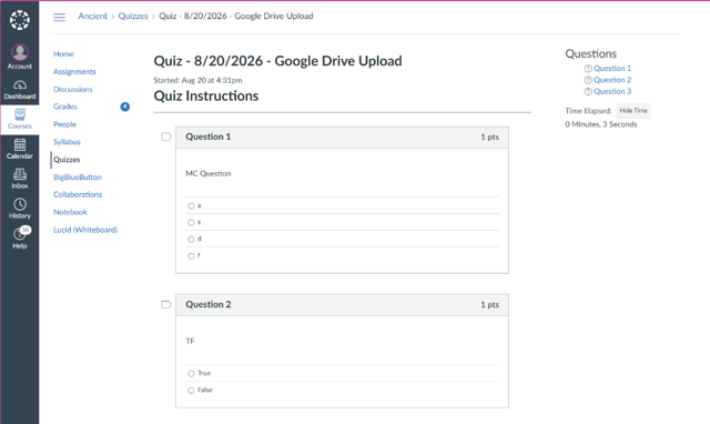 Student Quiz Interface: Fill in responses for standard questions