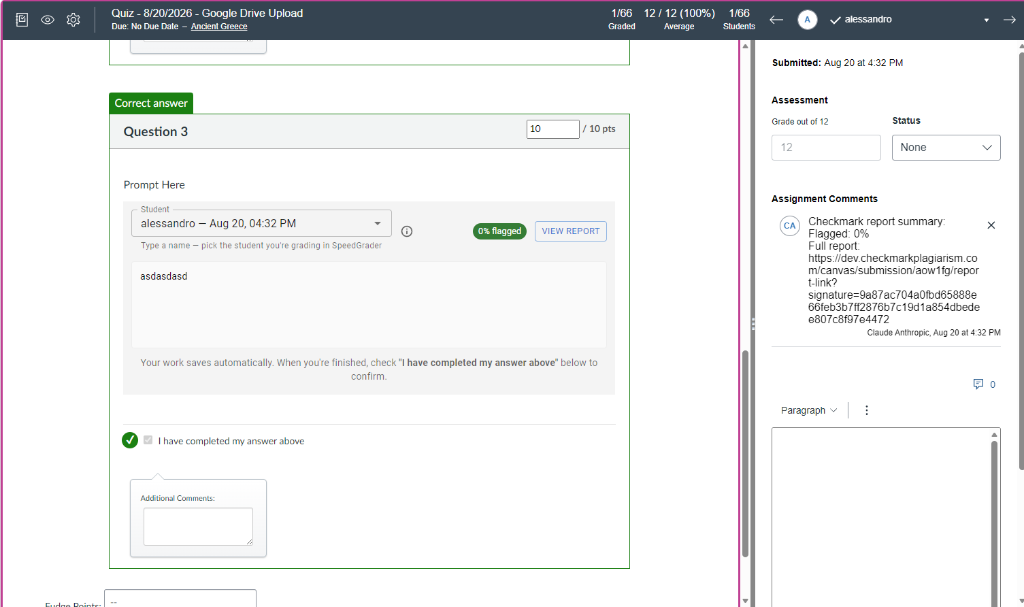 SpeedGrader Question Grading: Checkmark question displays similarity badge and VIEW REPORT button