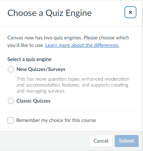 Choose a Quiz Engine modal in Canvas