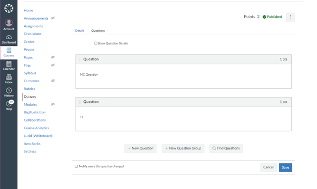 Questions Tab: Multiple questions added with points allocated