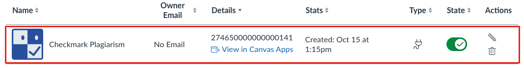 The new Checkmark Plagiarism key listed and switched on