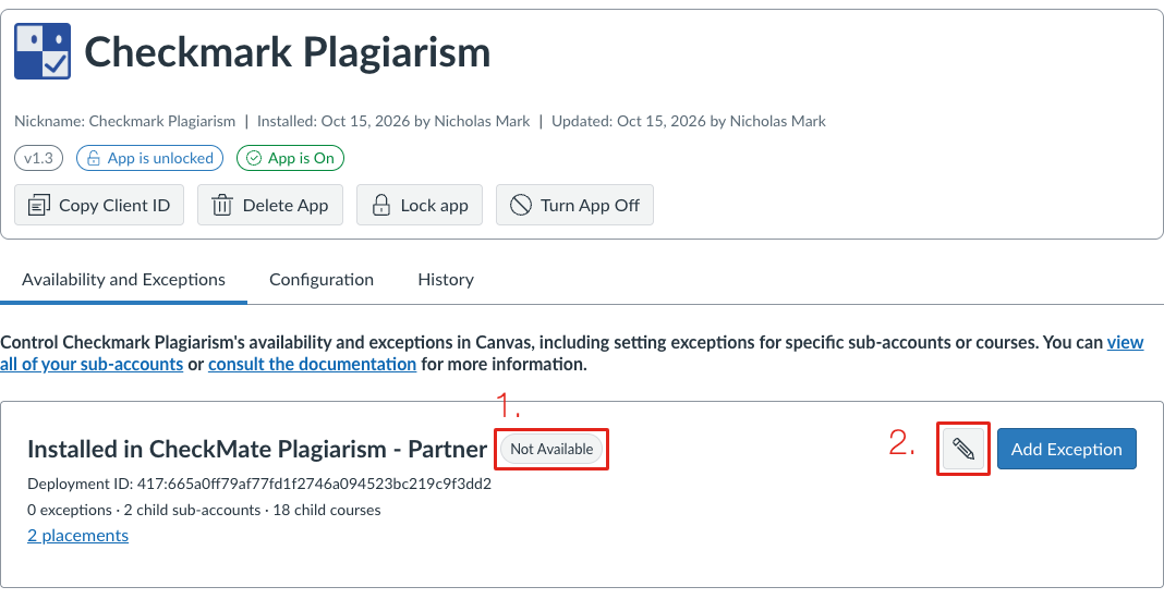 The Checkmark Plagiarism app page showing Not Available, with the edit pencil marked 2
