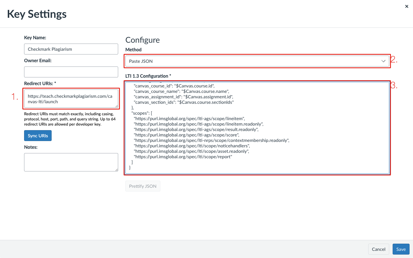 The LTI key form with Redirect URIs marked 1, Method set to Paste JSON marked 2, and the configuration marked 3