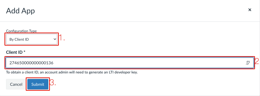 The Add App dialog with By Client ID marked 1, the Client ID marked 2 and Submit marked 3
