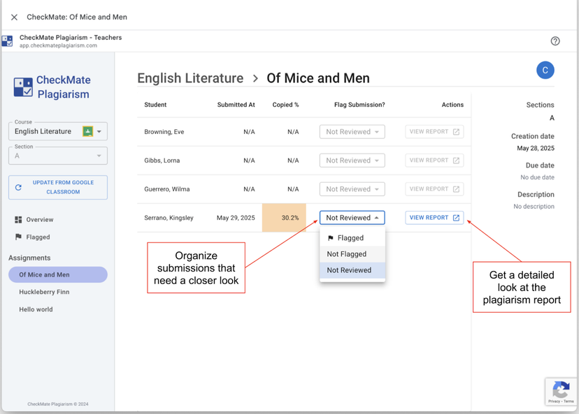 Checkmark Plagiarism Assignment Dashboard in Google Classroom