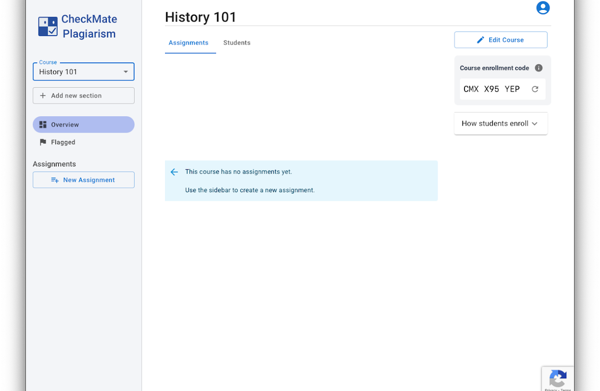 Creating a class and sharing enrollment codes in Checkmark Plagiarism web app