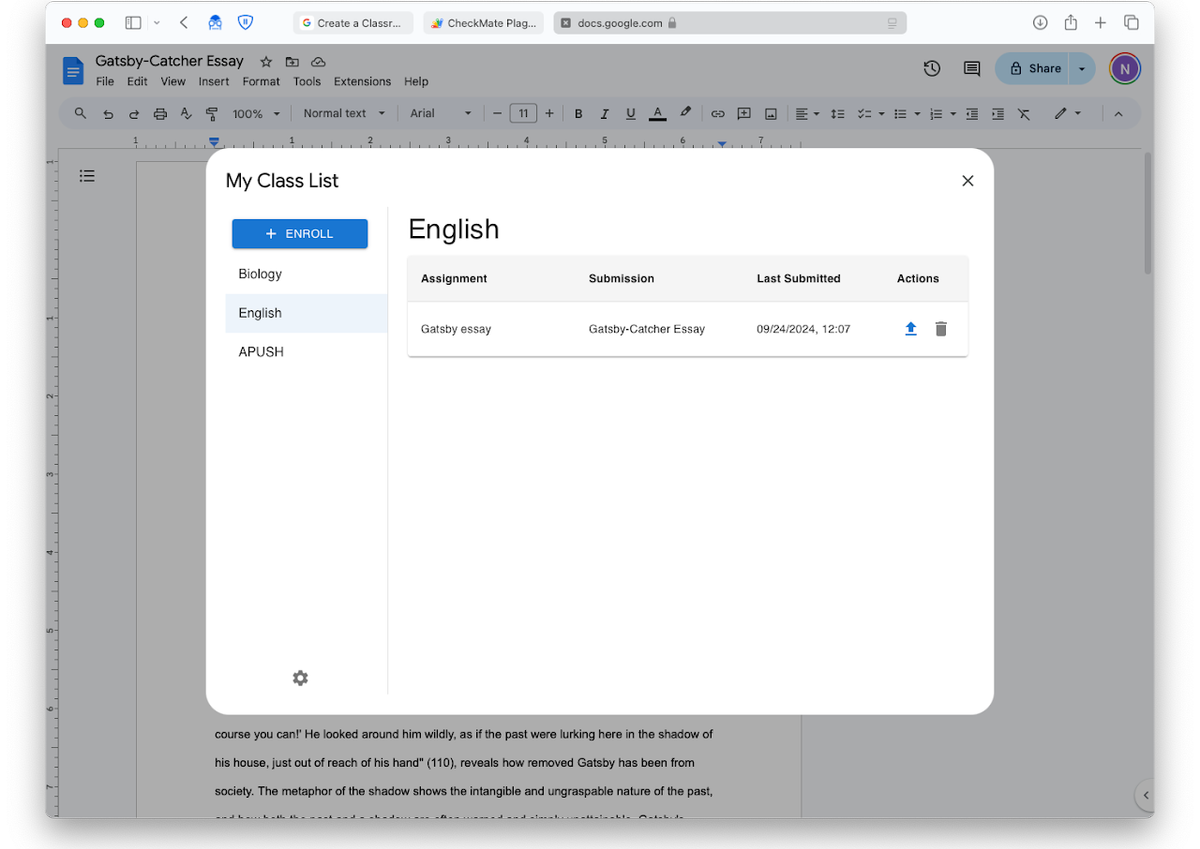Student view of submission portal in Checkmark Plagiarism web app