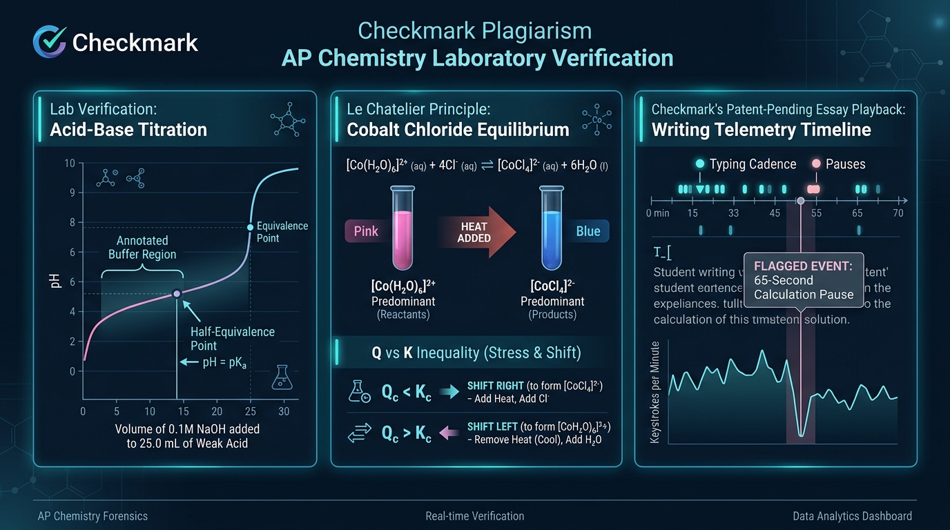 Checkmark Plagiarism AP Chemistry Laboratory Verification Dashboard displaying acid-base titration curve with half-equivalence buffer annotations, cobalt chloride equilibrium reaction shift diagram with Q vs K inequality, and Essay Playback writing telemetry timeline capturing calculation pauses.