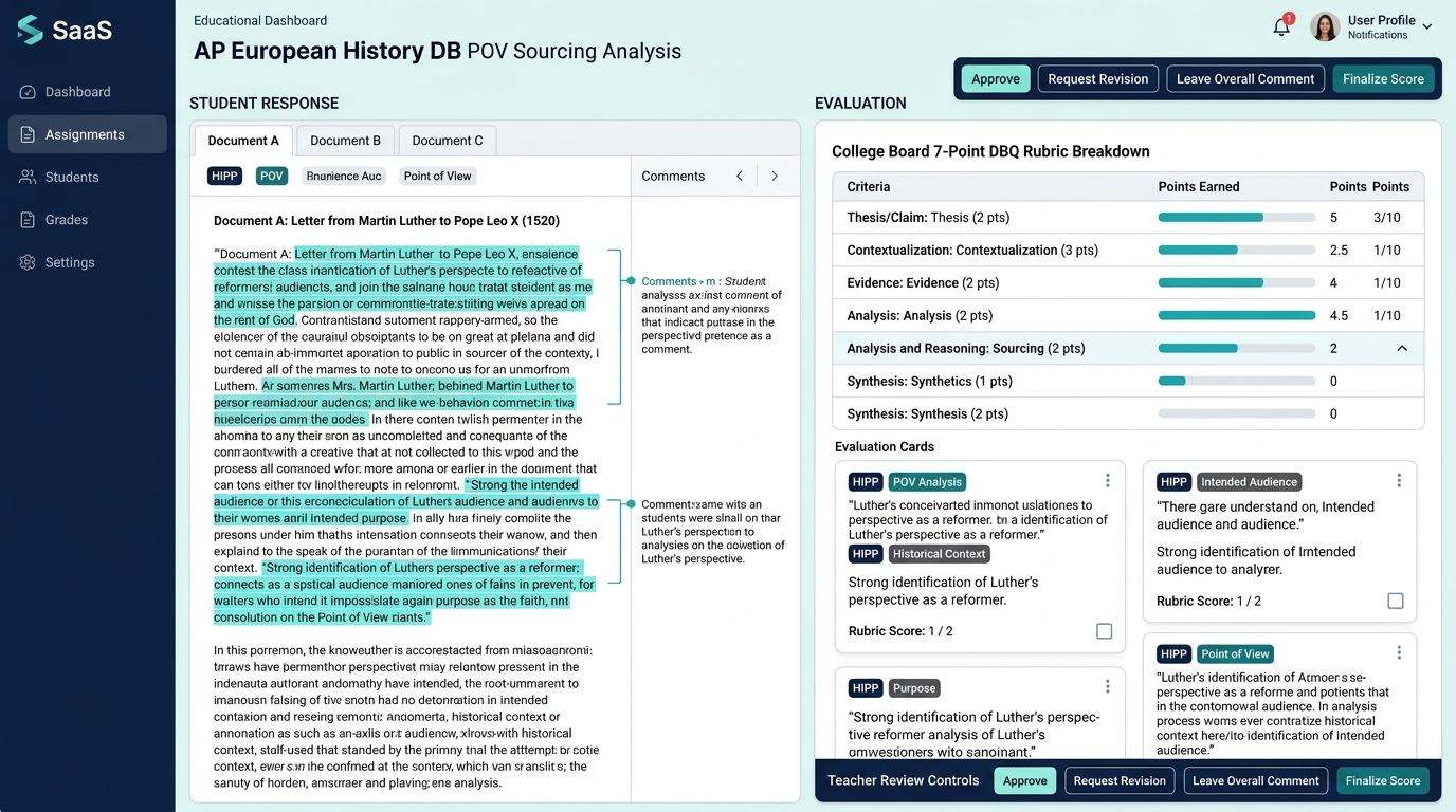 Checkmark Plagiarism DBQ Sourcing and Point-of-View Evaluator Dashboard showing College Board 7-point rubric breakdown, quote-anchored evidence cards, and teacher review controls