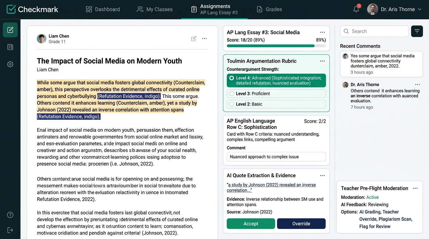 Checkmark Plagiarism AI Rubric Autograding Counterargument Evidence Extraction Interface