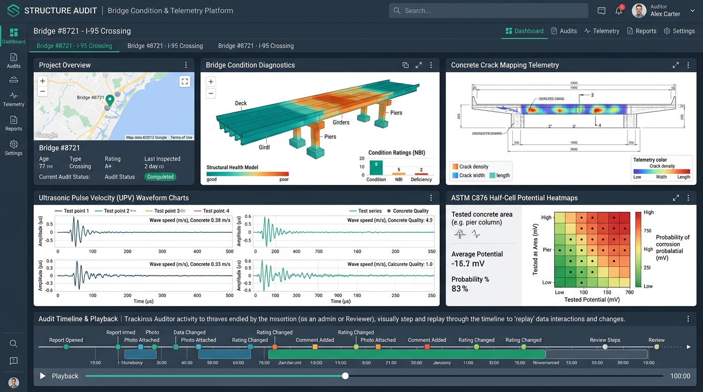 Checkmark Plagiarism Structural Inspection Telemetry Dashboard featuring bridge condition diagnostics, crack mapping analysis, UPV waveform charts, and Essay Playback scrubber
