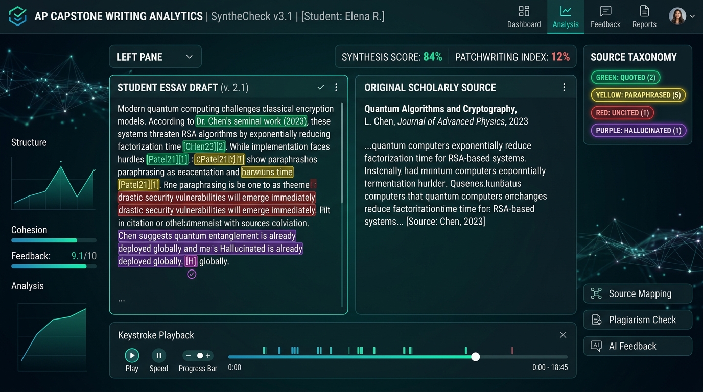 Checkmark Plagiarism Side-by-Side Dual-Pane Text Comparison and Synthesis Analytics Dashboard for AP Capstone