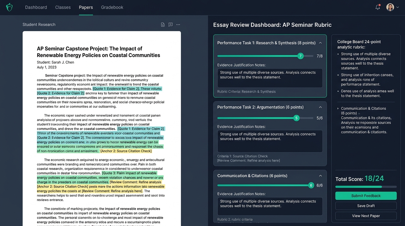 AP Seminar Essay Review Dashboard featuring Checkmark AI Quote-Anchored Rubric Feedback Cards and Rubric Moderation