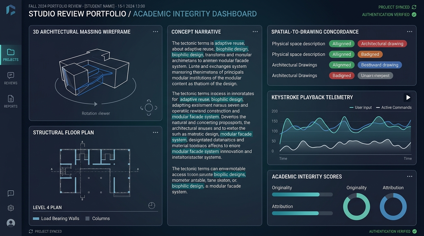 Checkmark Plagiarism Architecture Studio Portfolio Review Dashboard showing 3D CAD massing wireframe, structural floor plans, concept narrative tectonic analysis, spatial-to-drawing concordance verification, and keystroke playback telemetry.