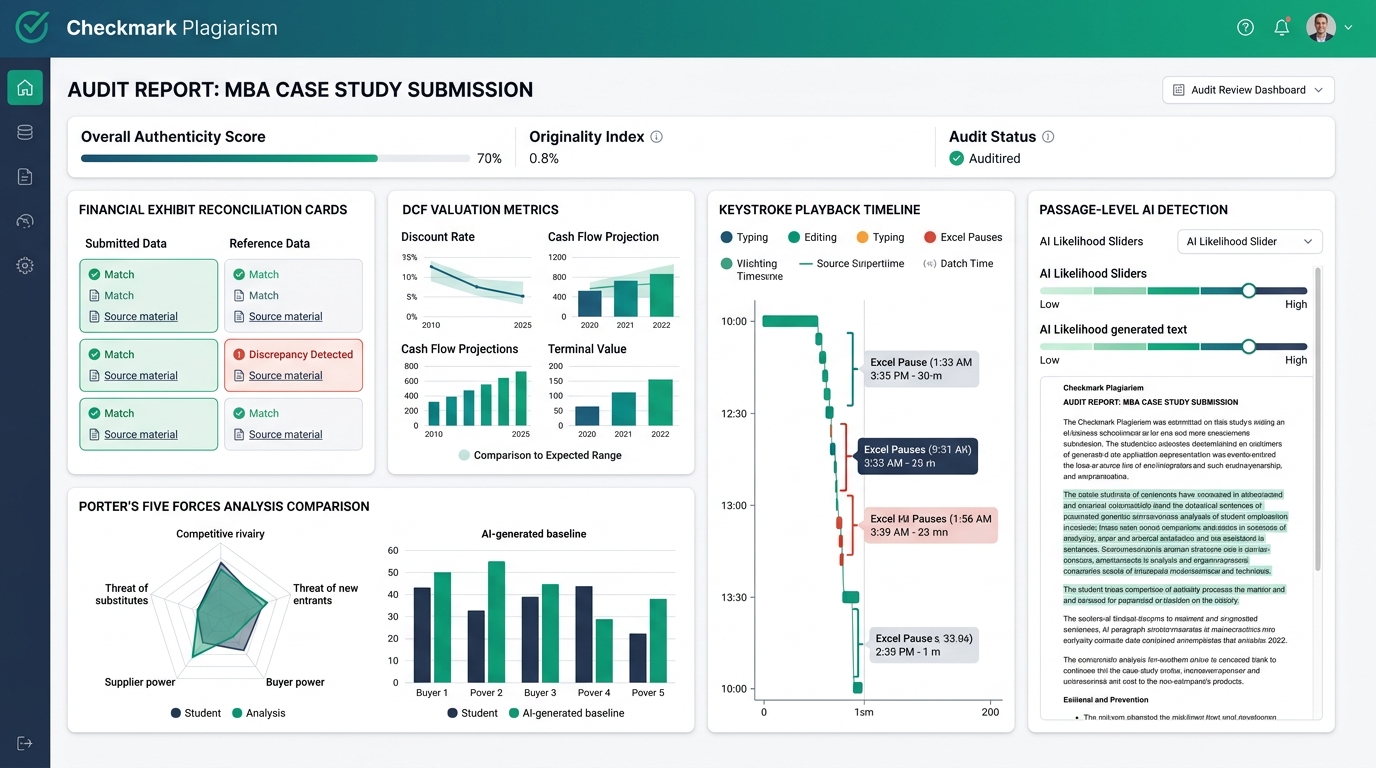 Checkmark Plagiarism Business School Case Study Integrity Dashboard showing financial exhibit reconciliation cards, DCF valuation metrics, keystroke playback timeline, and passage-level AI detection sliders