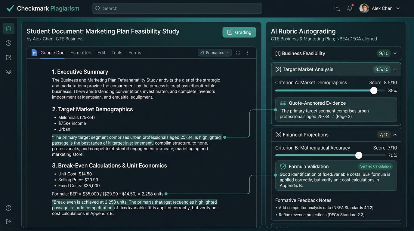 Checkmark AI Split-Screen Rubric Autograding Dashboard for CTE Business Feasibility Studies and Marketing Plans