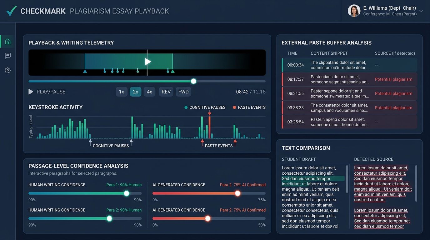 Checkmark Plagiarism Essay Playback writing process telemetry dashboard for English Department Chairs during parent conferences