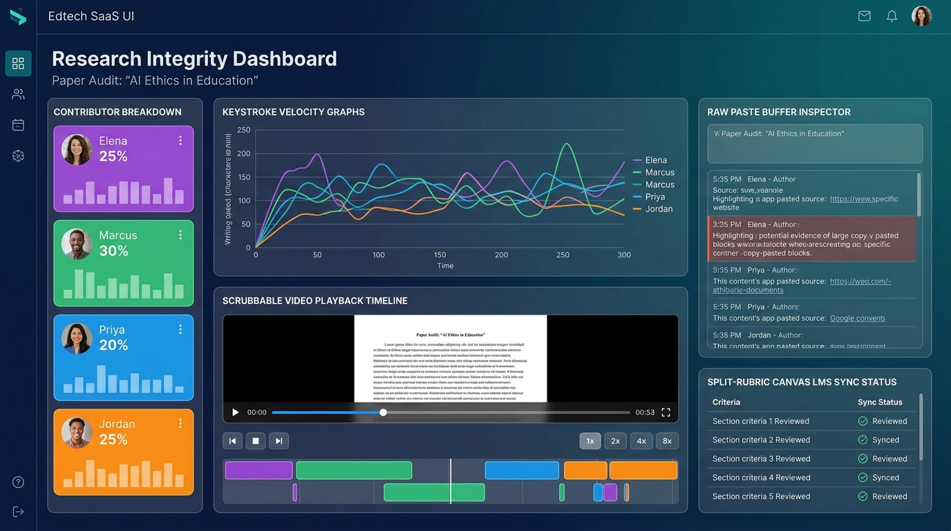 Checkmark Plagiarism Multi-Author Research Paper Audit Dashboard showing Contributor Breakdown, Keystroke Velocity Graphs, Video Playback Timeline, and Split-Rubric Canvas Sync Status