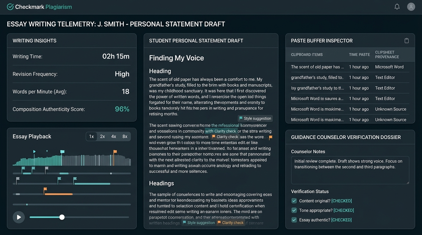 Checkmark Plagiarism College Admissions Essay Writing Telemetry and Guidance Counselor Authorship Dossier Dashboard