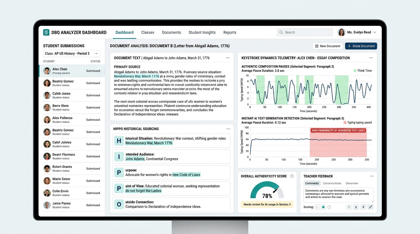Checkmark Plagiarism DBQ Analyzer Dashboard displaying synchronized primary source analysis, HIPPO sourcing cards, and keystroke dynamics telemetry