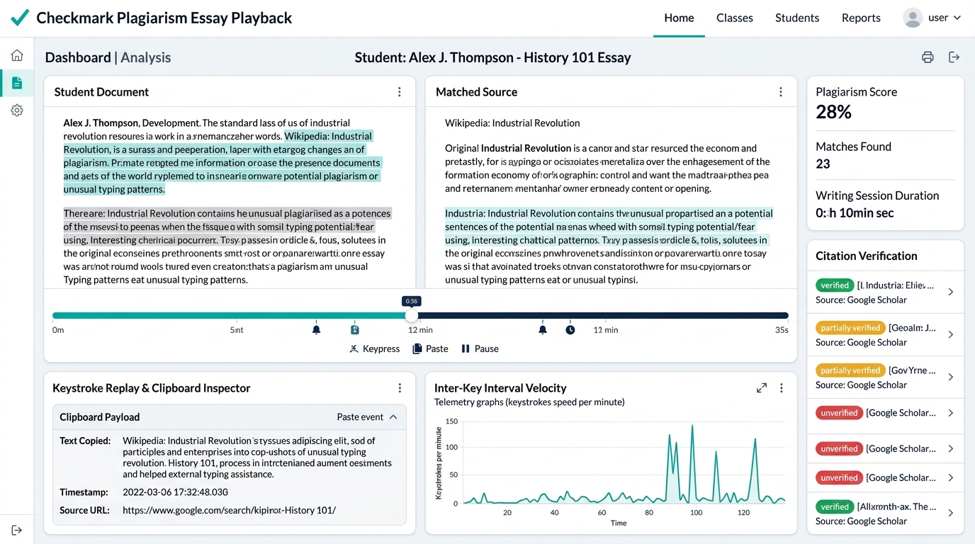 Checkmark Essay Playback and Clipboard Telemetry Analytics Dashboard