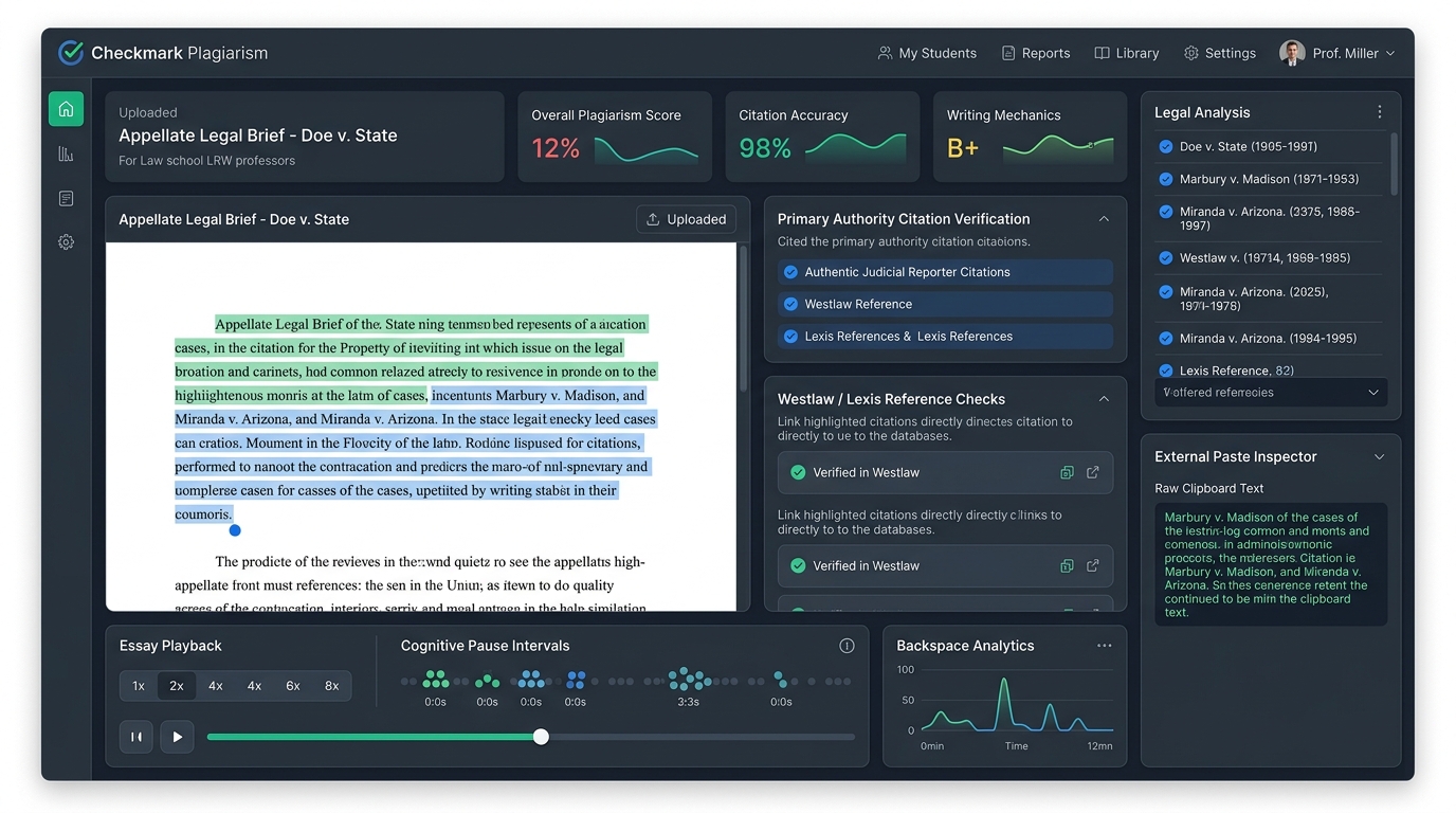 Checkmark Plagiarism Legal Brief Verification Dashboard featuring Primary Authority Citation Checks, Interactive Essay Playback 1x-8x Keystroke Replay, and External Paste Buffer Inspector