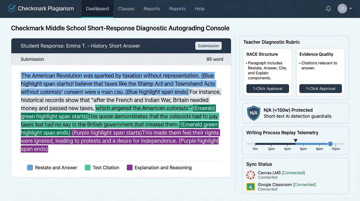 Checkmark Middle School Short-Response Diagnostic Autograding Console with RACE Highlighting and Teacher-in-the-Loop Sidebar