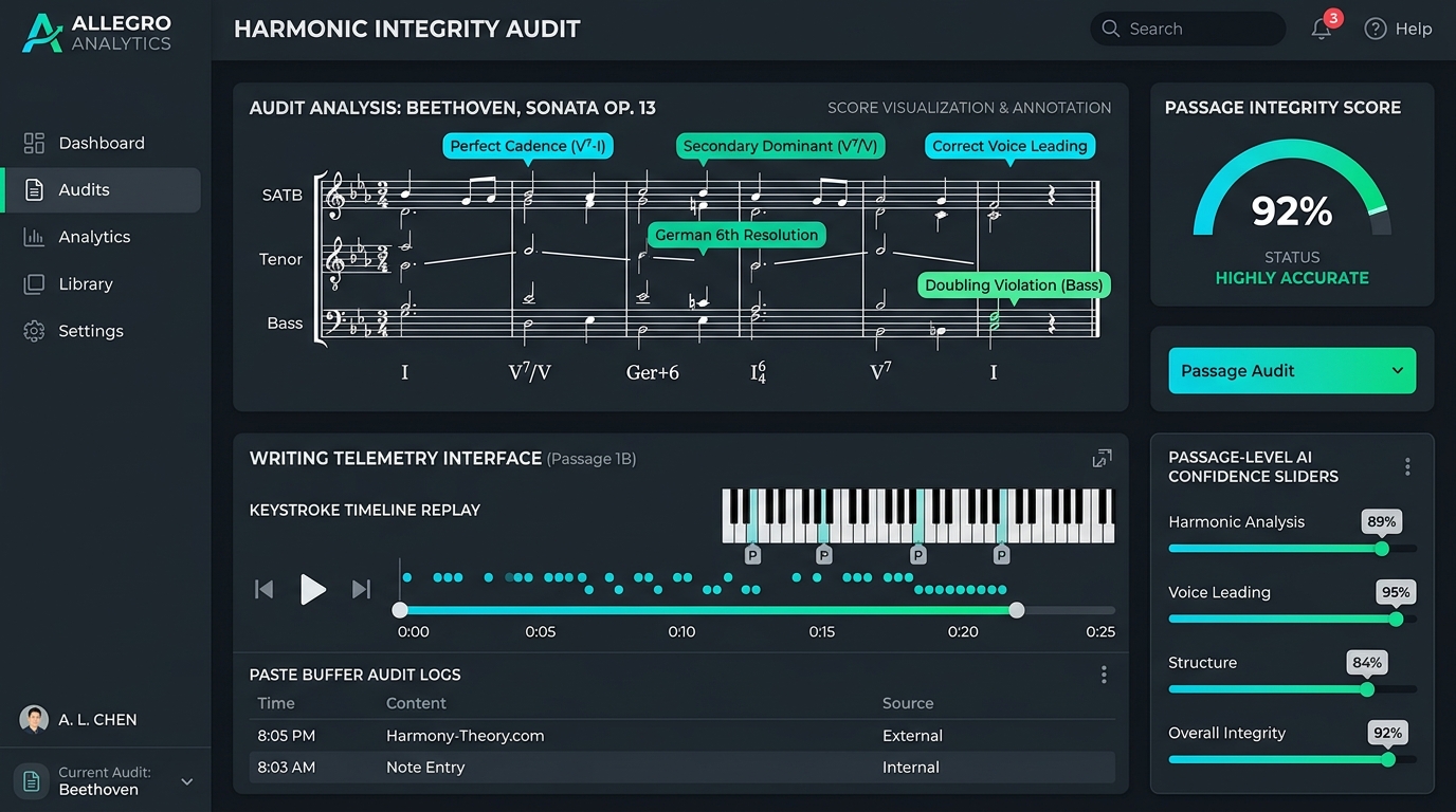 Checkmark Plagiarism Music Theory Harmonic Integrity Audit Dashboard showing score notation analysis, keystroke timeline replay, piano pauses, and AI confidence sliders