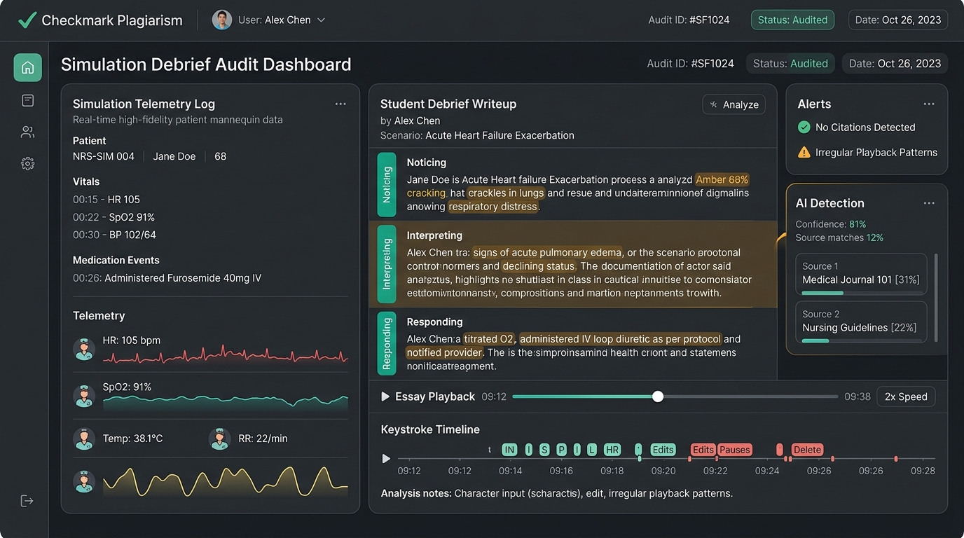 Checkmark Plagiarism Clinical Simulation Debrief Audit Dashboard with Mannequin Telemetry and Keystroke Playback Replay