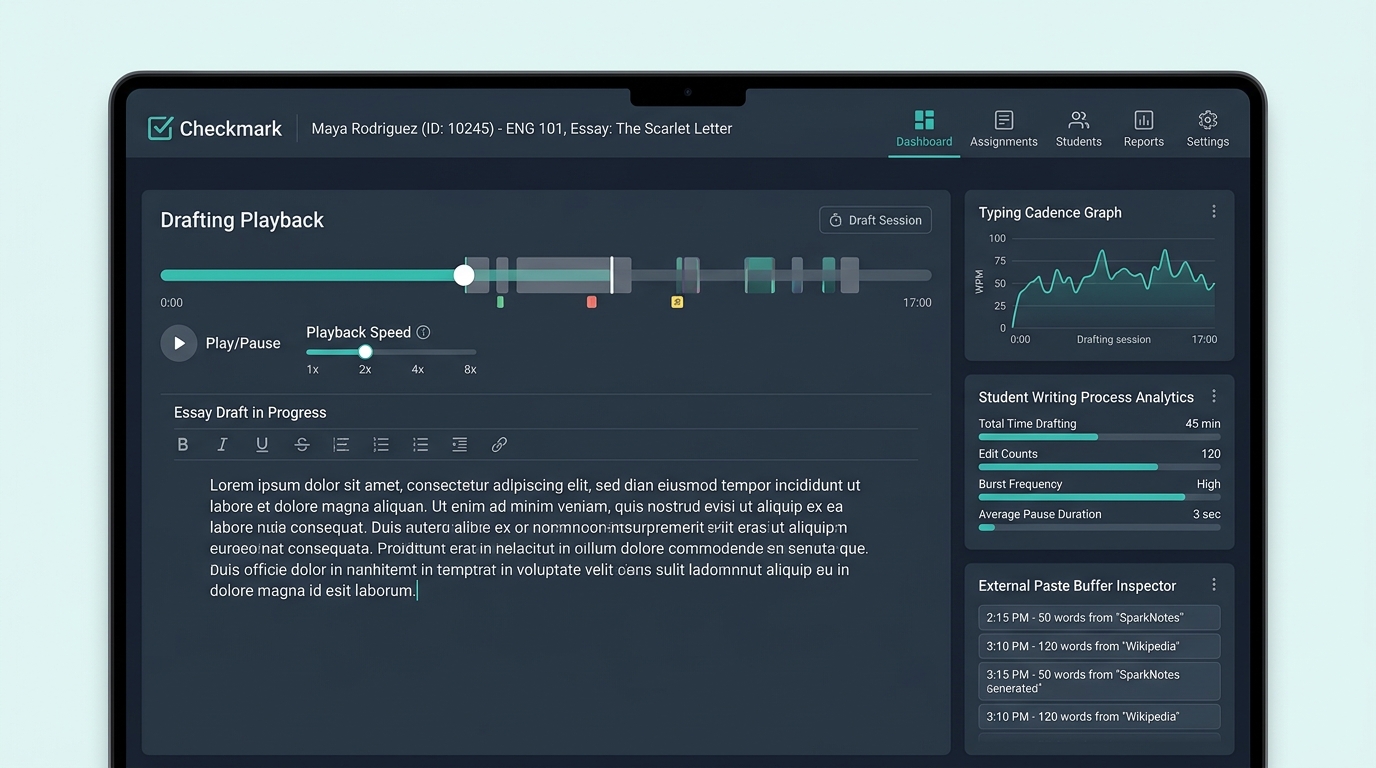 Checkmark Plagiarism Keystroke Telemetry and Essay Playback Dashboard for Virtual High Schools