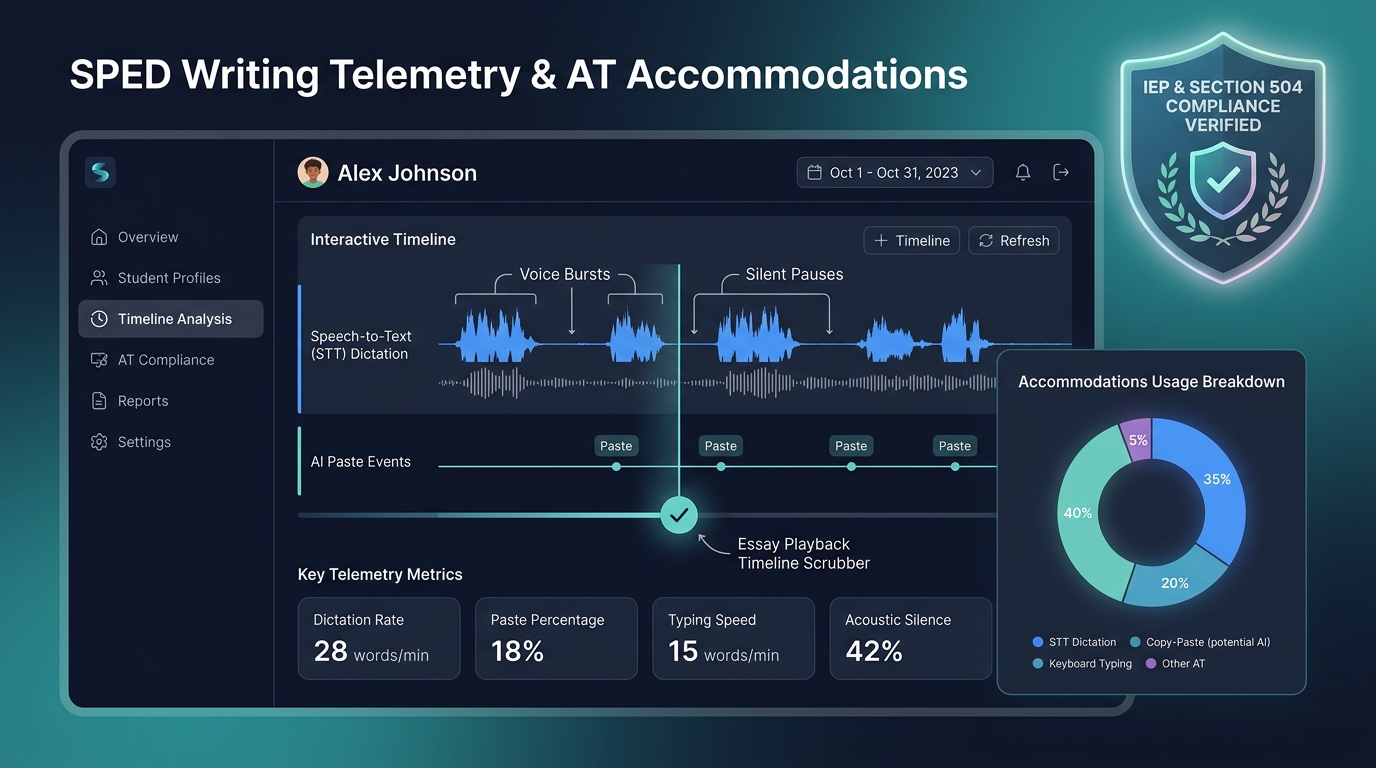 Special Education Writing Telemetry and Assistive Technology Accommodations Dashboard showing Speech-to-Text waveforms, acoustic pause analysis, and verified IEP 504 compliance badge
