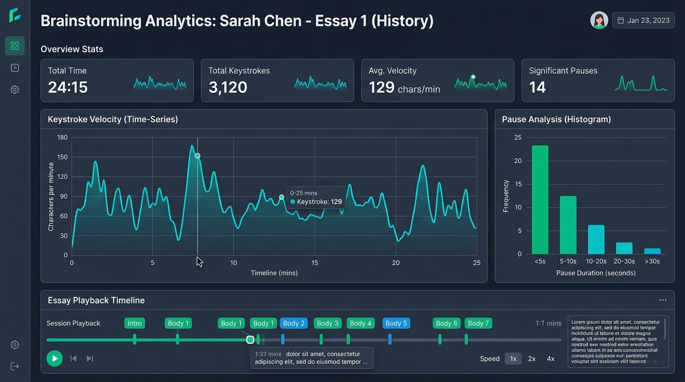 Brainstorming Keystroke Velocity and Pause Analysis Dashboard in Checkmark Plagiarism